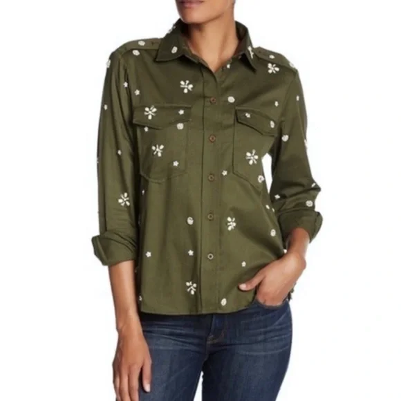 Joie bead embellished military olive green Hayfa shirt button down top XS - Picture 11 of 12